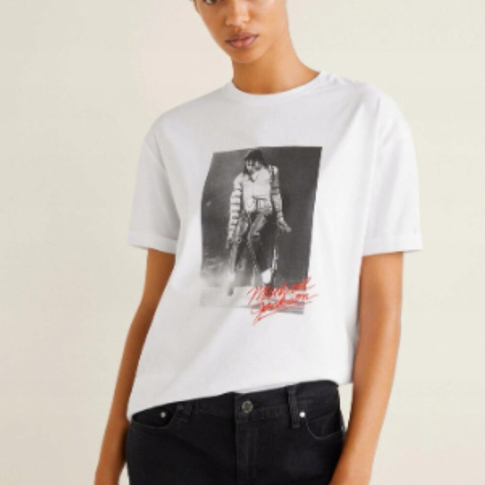 Mango MNG Casual Michael Jackson Print T-Shirt White Size XS NWOT